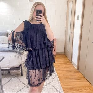 Needle & Thread Tulle Tiered Cold Shoulder Polka Dot Dress